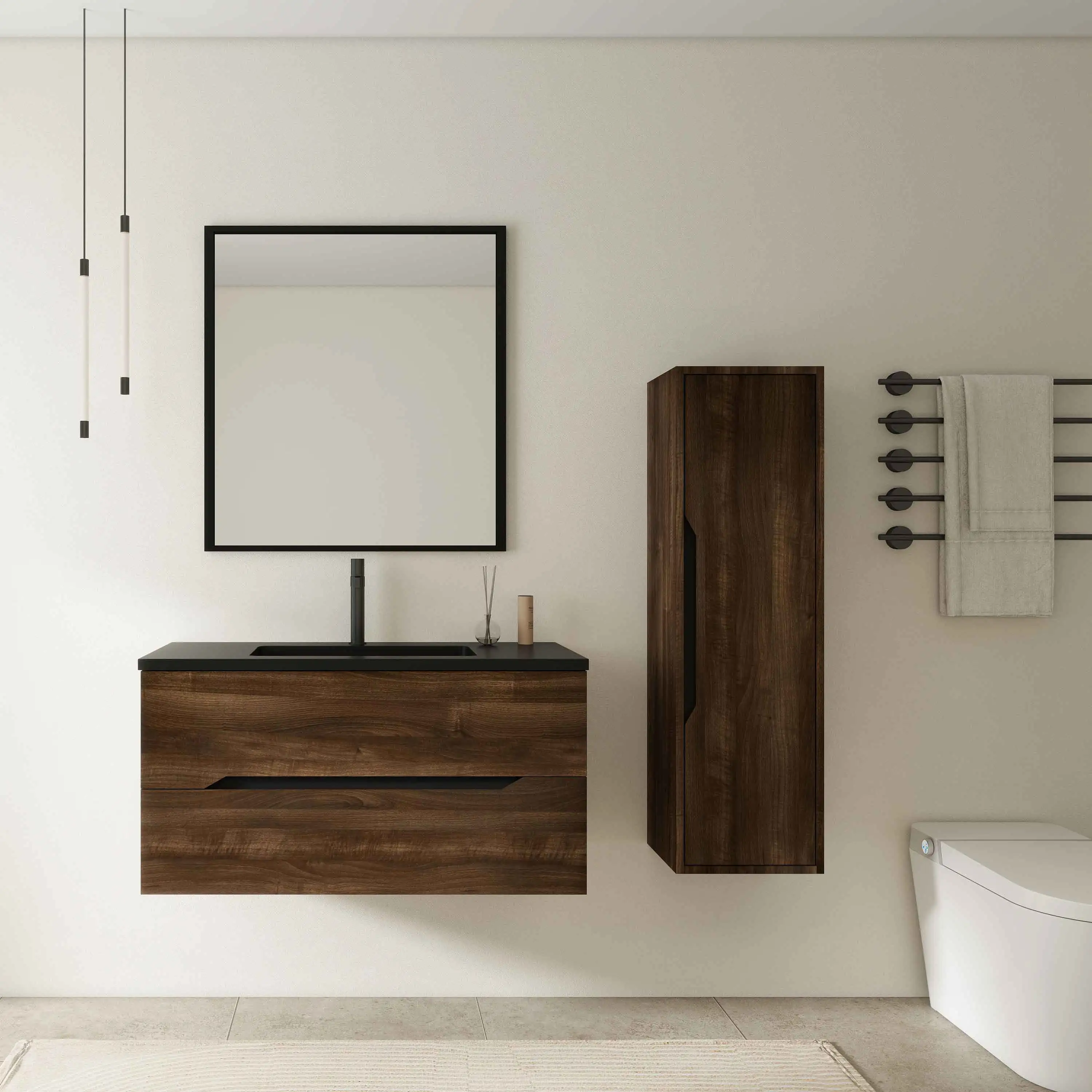 1000mm Wall-Mounted MDF Vanity (Smoked Walnut) | Black Quartz Sand Basin | OEM/ODM Ready